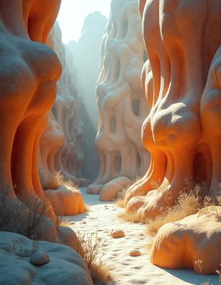The primary subject of the image is a rocky mountain landscape with a dirt road running through it. The setting is a desert-like environment with rock formations and a rocky mountain range in the background. The visual style is a digital art or illustration, creating a surreal and fantastical atmosphere. The dominant colors are orange and brown, giving the scene a warm and earthy tone.